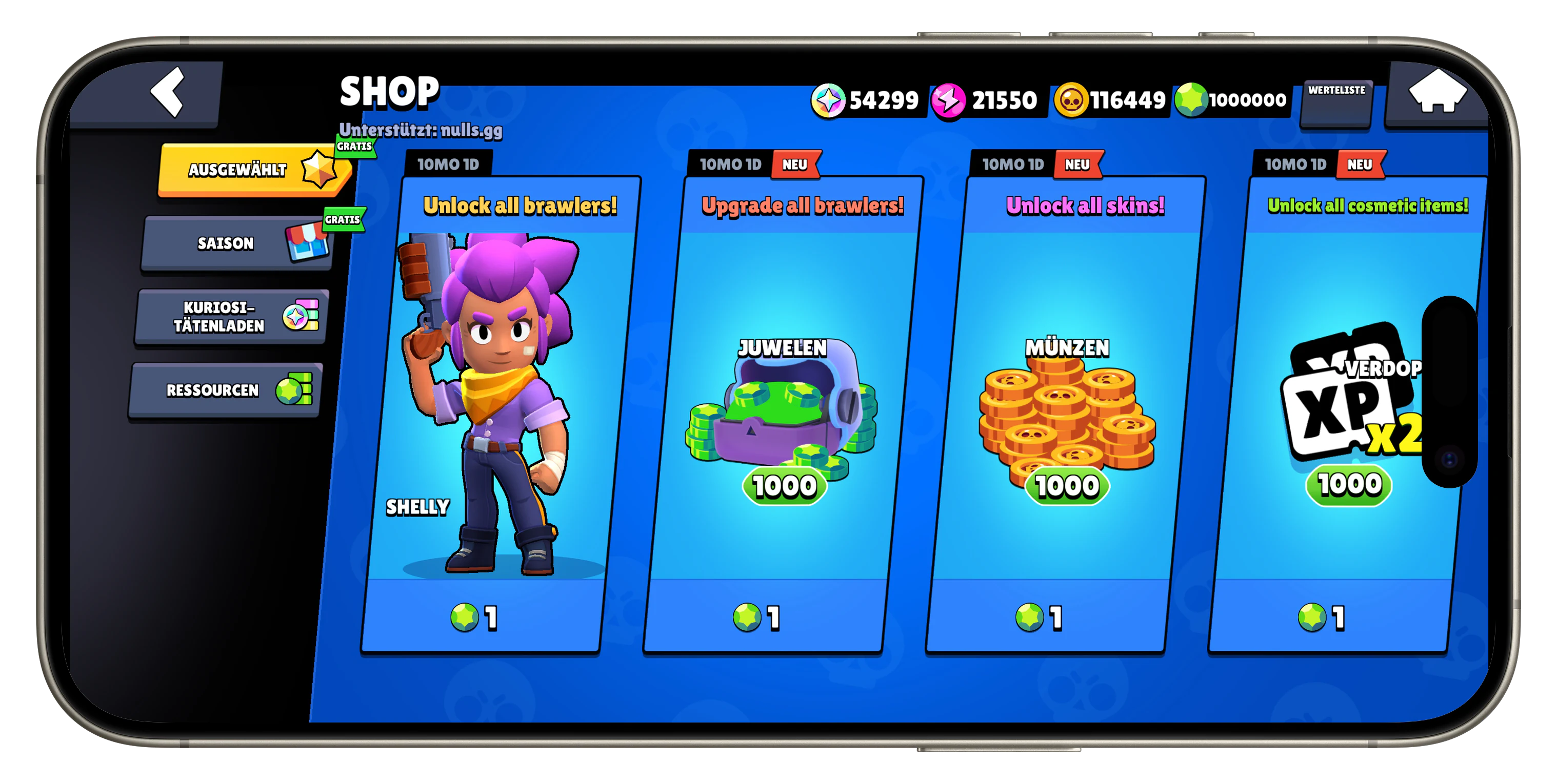 Nulls Brawl Shop mit Brawlern und Ressourcen