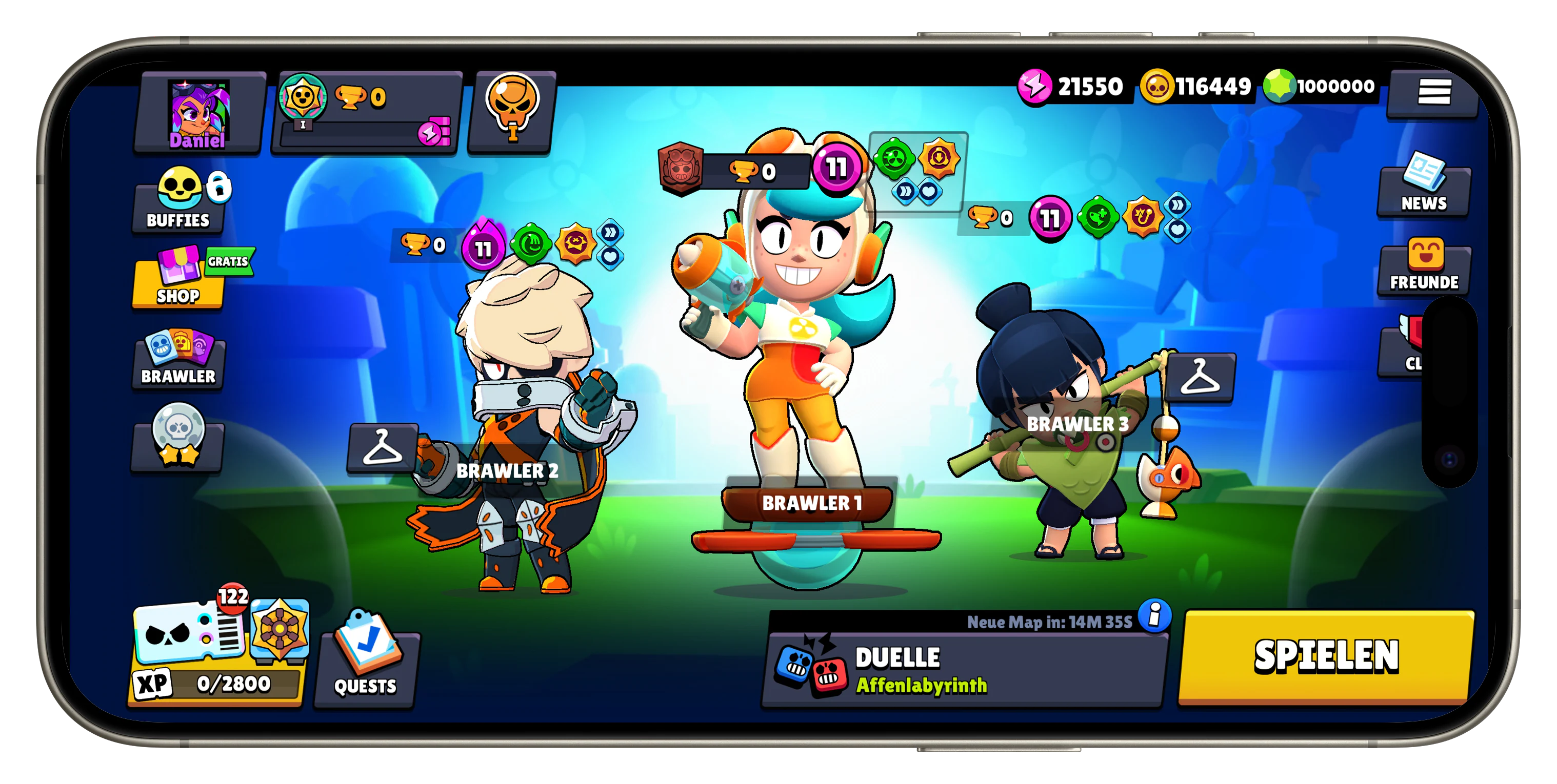 Nulls Brawl Startbildschirm mit drei Brawlern