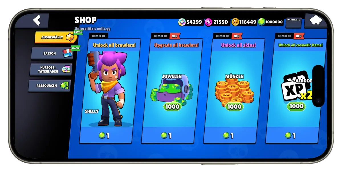 Nulls Brawl Shop mit Brawlern und Ressourcen